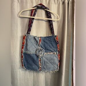 Hand made Denim Patchwork Shoulder Bag with Red Accents with Velcro closure